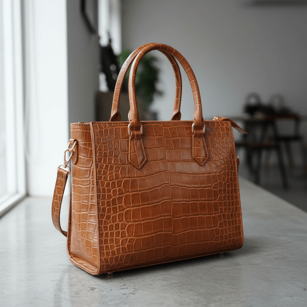 Cuero de 60 x 40 cm de Ternera Grabado en Cocodrilo – Elegancia Camel y Calidad Artesanal Premium